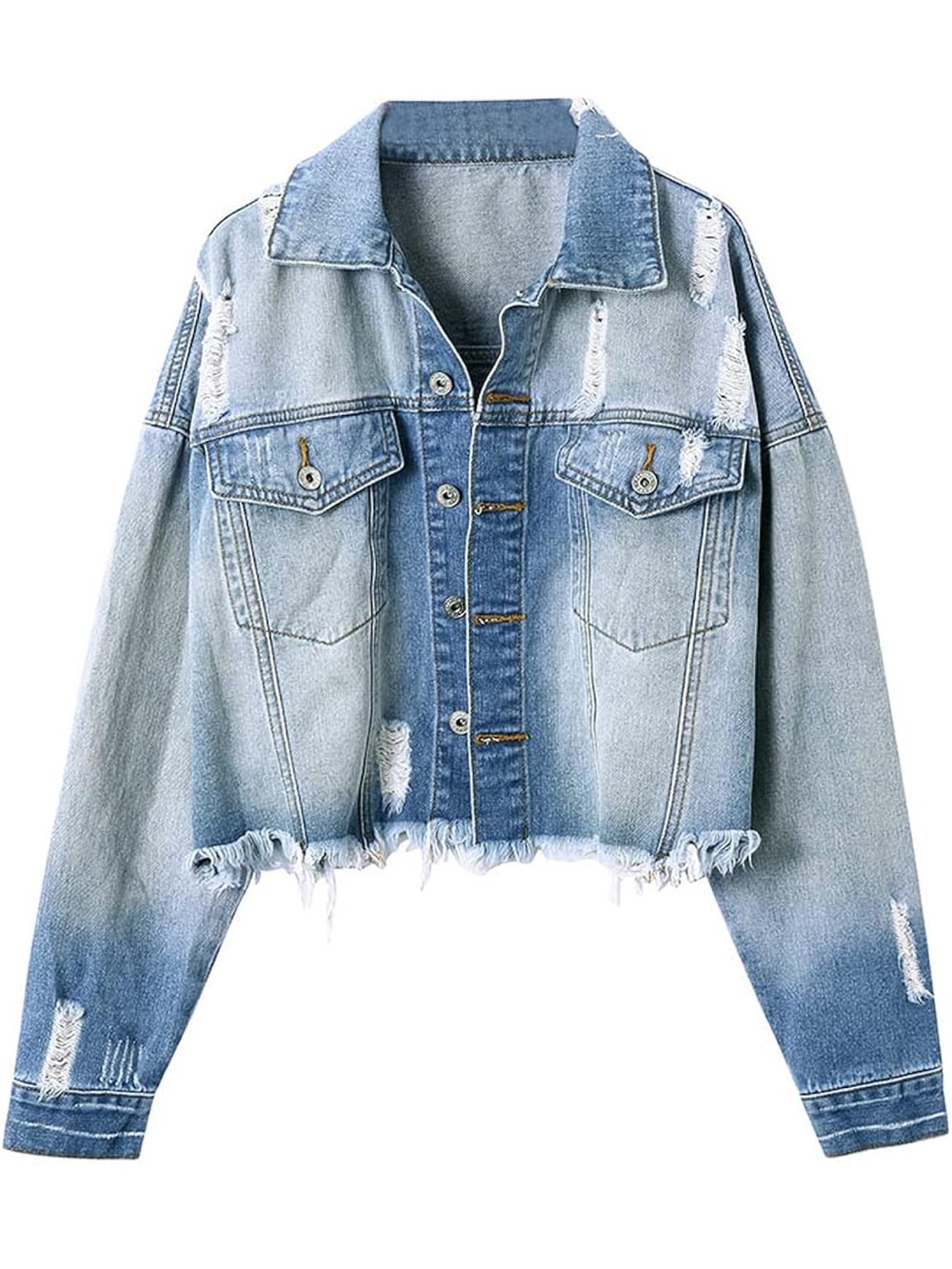 Light Wash Distressed Cropped Denim Jacket - Women - Picture 2 of 5
